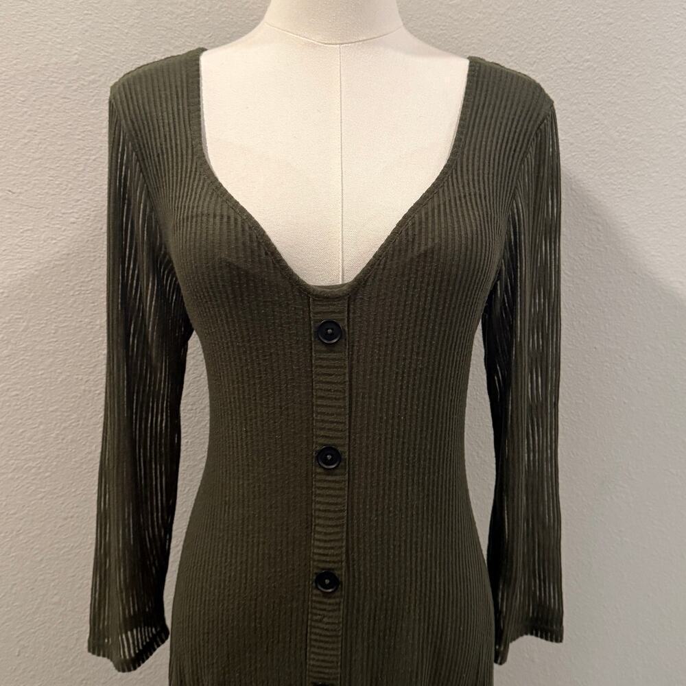 Express V Neck Olive Green Ribbed Midi Dress 3/4 Sheer Sleeves Large Fall Chic - Picture 3 of 6